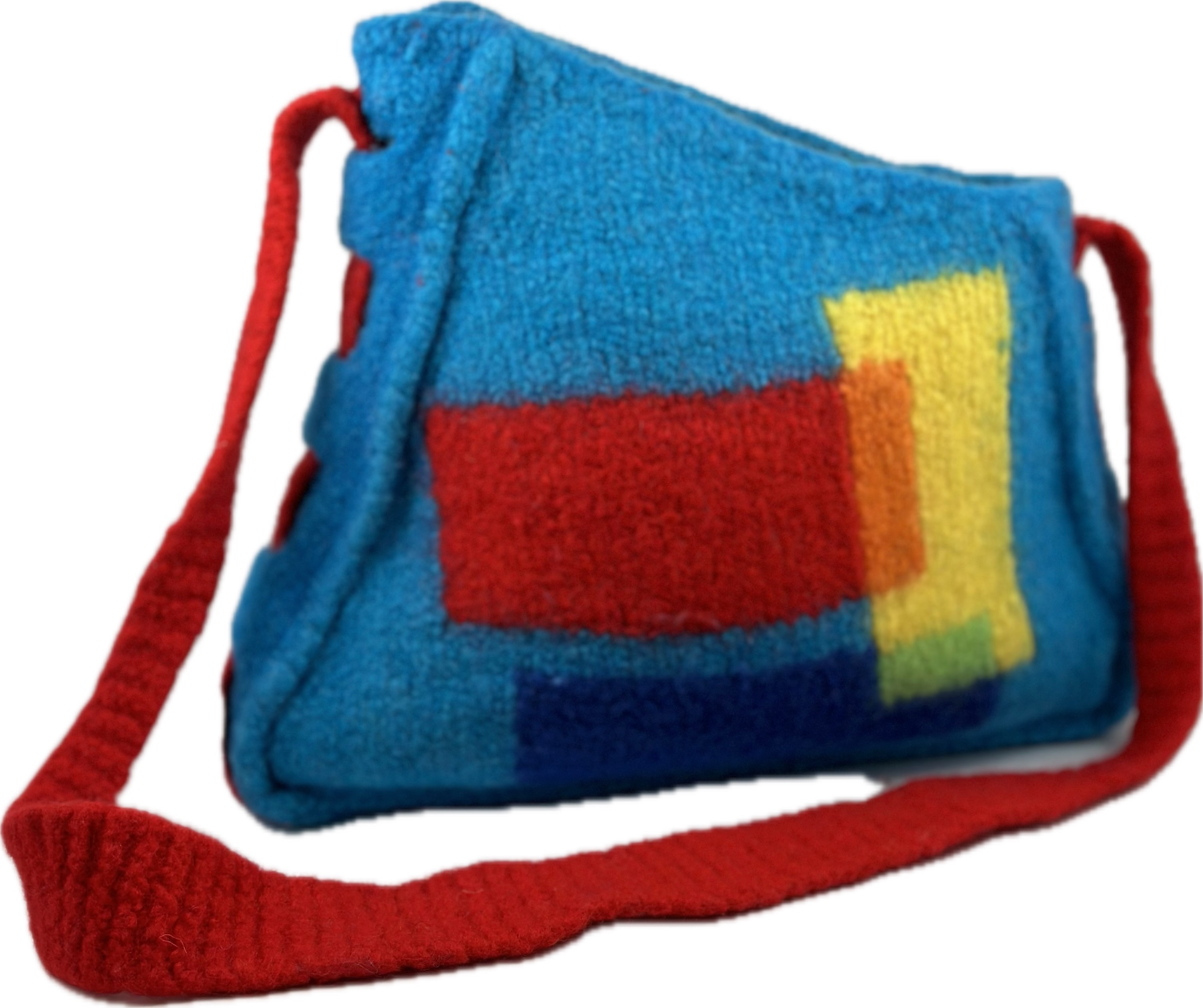 Blue felted purse with bold primary colour-block pattern and red strap